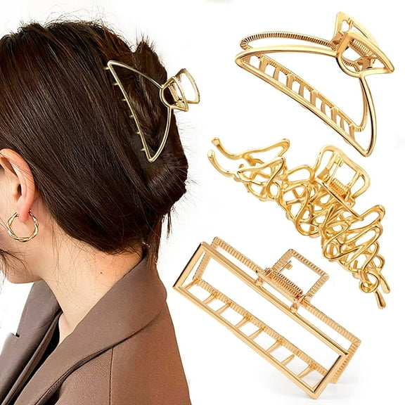 3 PCS Large Gold Metal Hair Claw Clips for Women Girls, Cute Alloy Big Hair Clamps Strong Hold for Thick Thin Hair, Fashion Hair Accessories Headwear Styling Tools for Party Wedding