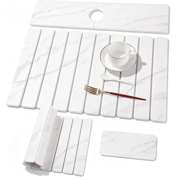 3 PCS Large Stone Dish Drying Mat for Kitchen Counter, Quick Dry Stone Dishes Mats, Sink Faucet Mat, Marble Water Absorbing Diatomaceous Earth Drying Pad for Countertop Tableware, Bottles