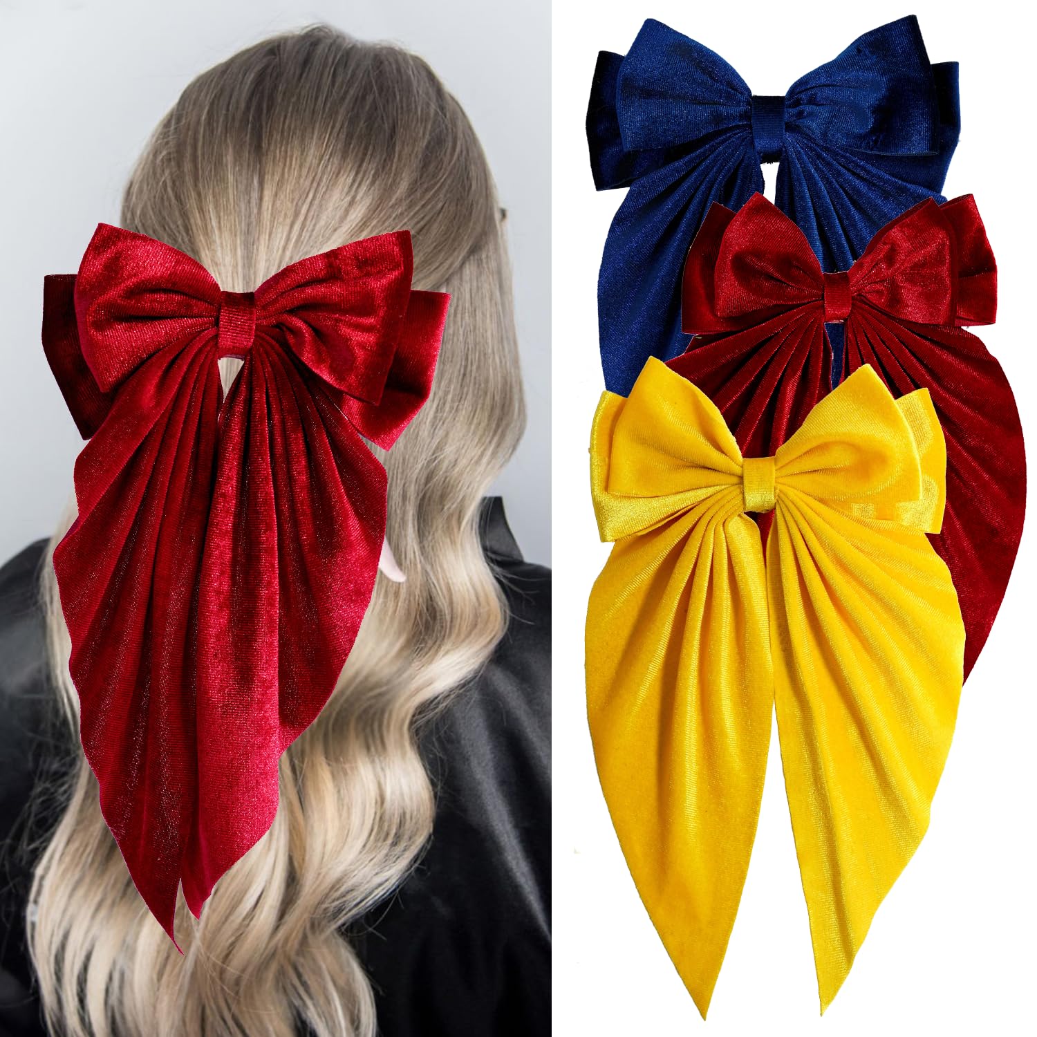 3 PCS Large Velvet Hair Bows, Oversized Long Tail Bows with Aliigator ...