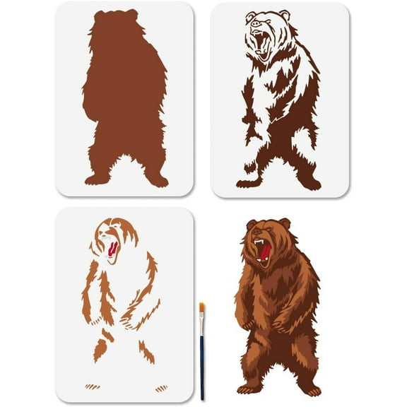 3 PCS Layering Bears Stencils 8.3×11.7 inches Wild Animal Reusable Painting Stencils Wildlife Fur Claw Drawing Stencil Templates with Paint Brush for Wood Furniture Wall Canvas White