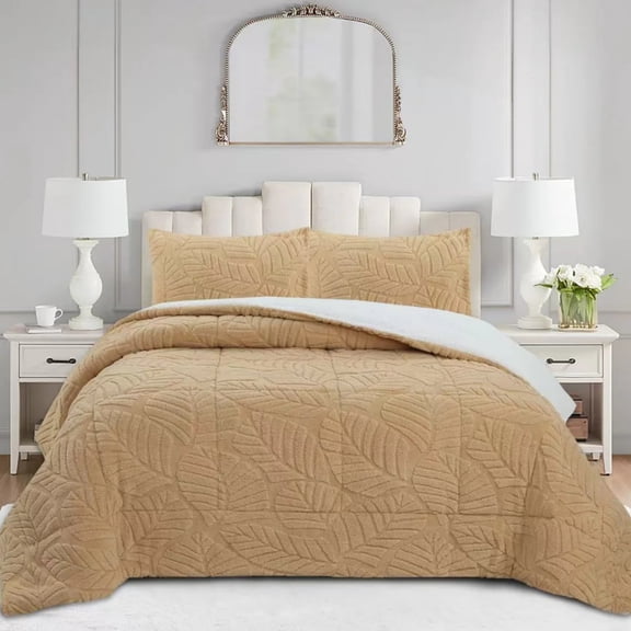 3 PCS Leaf Pattern Jacquard Sherpa Comforter Set, Ultra Soft Warm Plush Comforter Set MEL