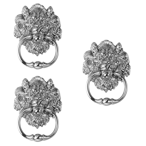 3 PCS Lion Head Door Knocker Front Handle Deadbolt Black Knobs Silver