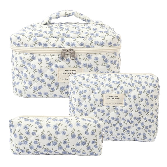 3 PCS Makeup Bag Set, Quilted Makeup Bag, Large Floral Cosmetic Bag for Women, Cute Cotton Makeup Bags, Flower Travel Toiletry Organizer Bag