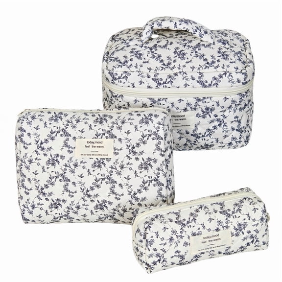 3 PCS Makeup Bag Set, Quilted Makeup Bag, Large Floral Cosmetic Bag for Women, Cute Cotton Makeup Bags, Flower Travel Toiletry Organizer Bag