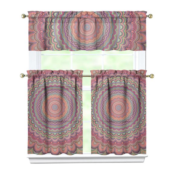 3 PCS Mandala Kitchen Curtains Set with Valance - Psychedelic Geometric Abstract Pattern Semi-Sheer Tier Curtains for Windows, Meditation & Healing Style, Rod Pocket Design (54x18 + 2x27.5x36 Inch)
