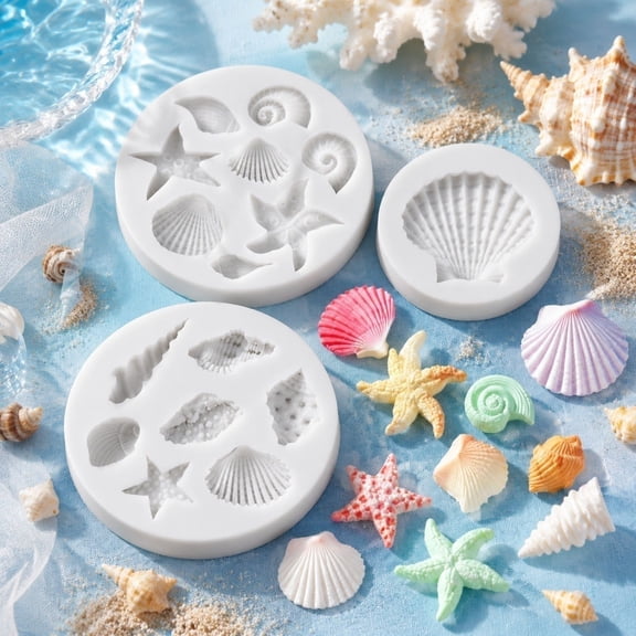 3 PCS Marine Theme Fondant Silicone Molds, Seashell, Conch, Starfish Silicone Mold for Cake Decoration, Chocolate Candy Sugar Craft