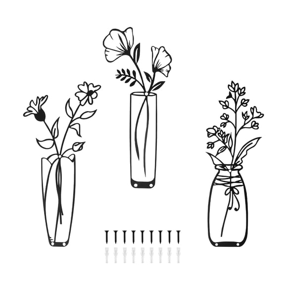 3 PCS Metal Flowers Wall Arts,Black Metal Vase Wall Art,Rustic Farmhouse Decor (Black)