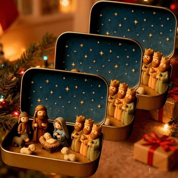 3 PCS Mini Christmas Nativity Set in Tin Box,Portable Pocket Christian Family Scene,Hand-Painted Resin Figurines,Religious Easter Decor Gift for Home Travel,3.5x2.5x1 Inch
