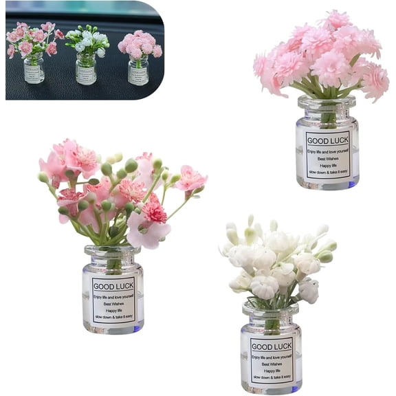3 PCS Mini Flower Car Dashboard Decor, Cute Daisy Cherry Blossom Jasmine Vase Ornaments, Universal Rear View Mirror Dashboard Interior Accessories (Multicolored)