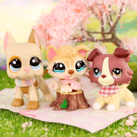 3 PCS Minilpsshop Little Cat Dog Figures Toys Set,Collie 1262 Great Dane 1647 Husky Puppy 1013 for lps Collection