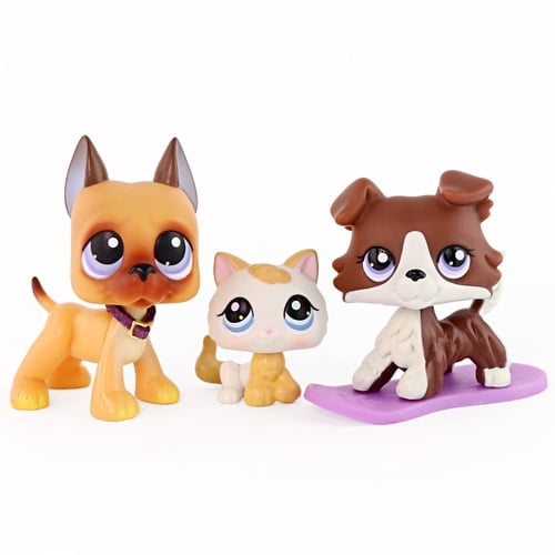 3 PCS Minilpsshop Mini Pets Figures Toys Collie Kitten Great Dane with Accessories,Collectible Cartoon Animal Figurines