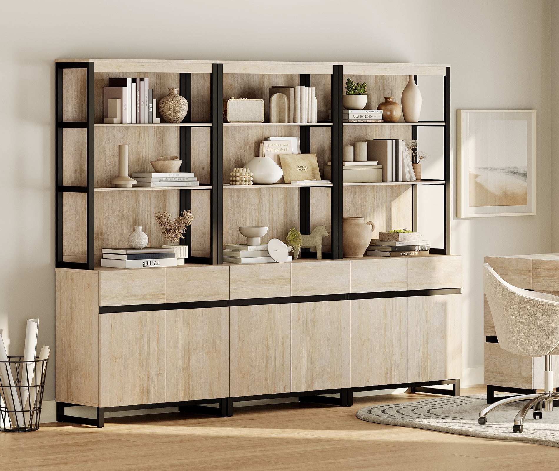 3 PCS Modern 72 Inch Tall Bookcases with Heavy-Duty Metal Base, Multi-Piece Library Bookshelf Combo with Adjustable Shelves, Closed Cabinet and Open Storage Shelves for Indoor Home Use