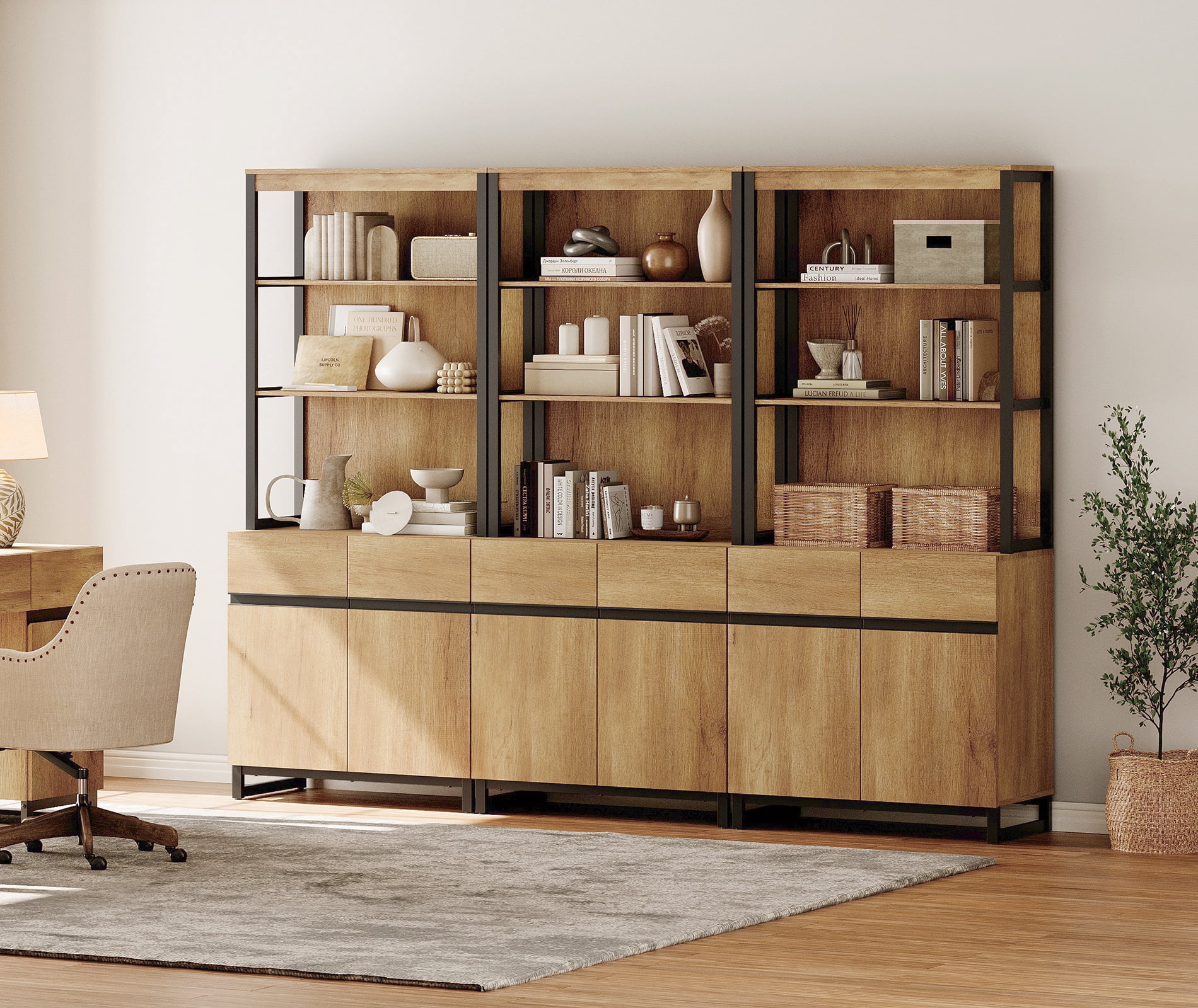 3 PCS Modern 72 Inch Tall Bookcases with Heavy-Duty Metal Base, Multi-Piece Library Bookshelf Combo with Adjustable Shelves, Closed Cabinet and Open Storage Shelves for Indoor Home Use