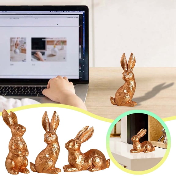 3 PCS Modern Easter Rabbit Figurine for Home Decor - Gold Cute Bunny Statue Sculpture for Office Desk, Shelf, Table, or Living Room Decor for Bookshelf or Nightstand