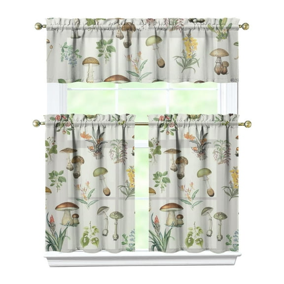 3 PCS Mushroom Kitchen Curtains Set with Valance - Boho Vintage Tier Window Treatment Panels for Farmhouse & Cottagecore Decor
