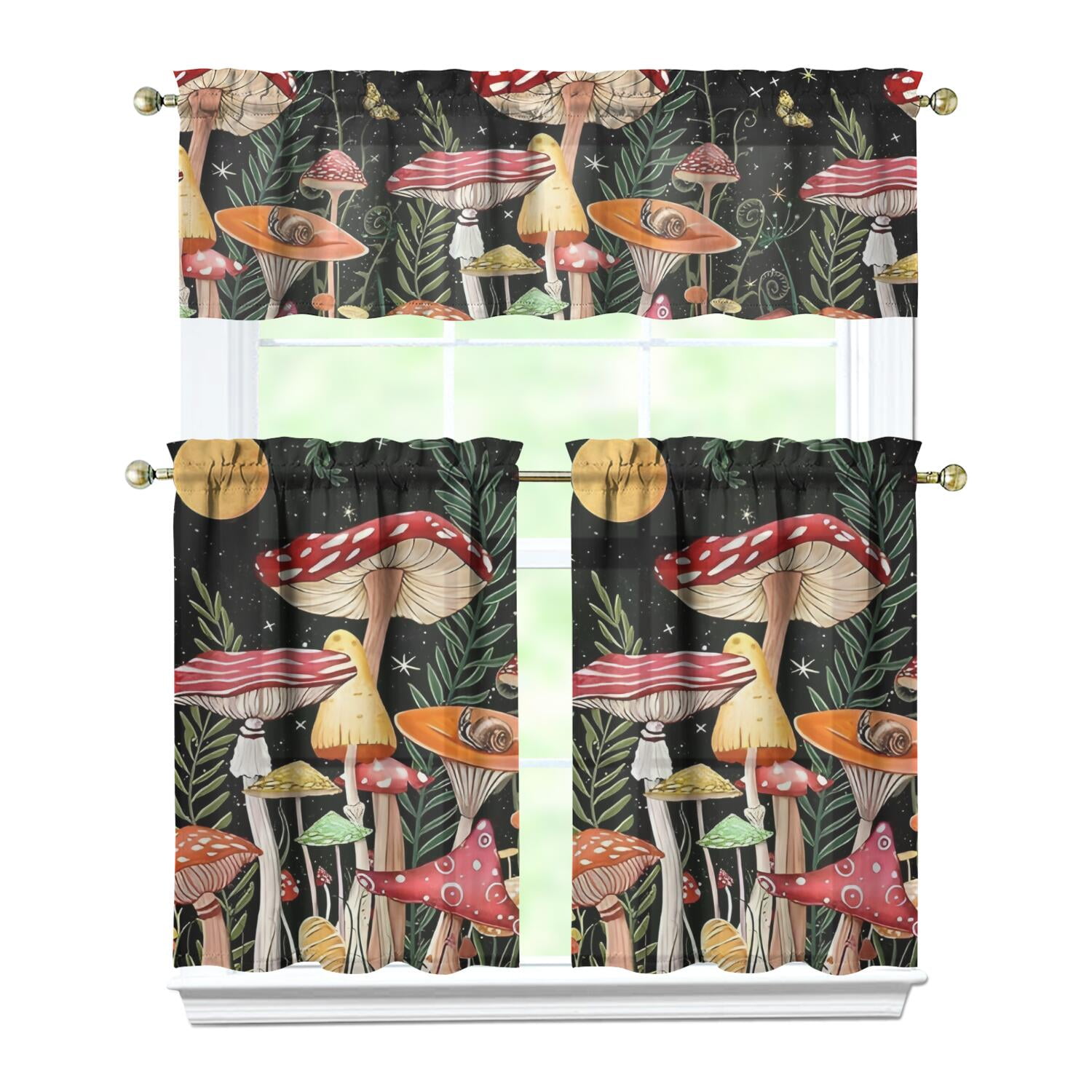 3 PCS Mushroom Kitchen Curtains Set with Valance - Boho Vintage Tier ...
