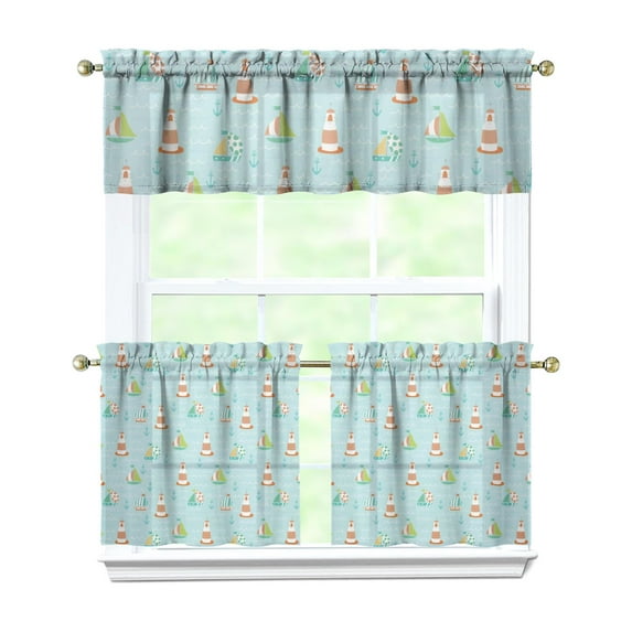 3 PCS Nautical Kitchen Curtains Set with Valance - Coastal Anchor Boat Theme Semi-Sheer Tier Curtains for Seaside Farmhouse Windows (54x18 & 27.5x24 Inch)