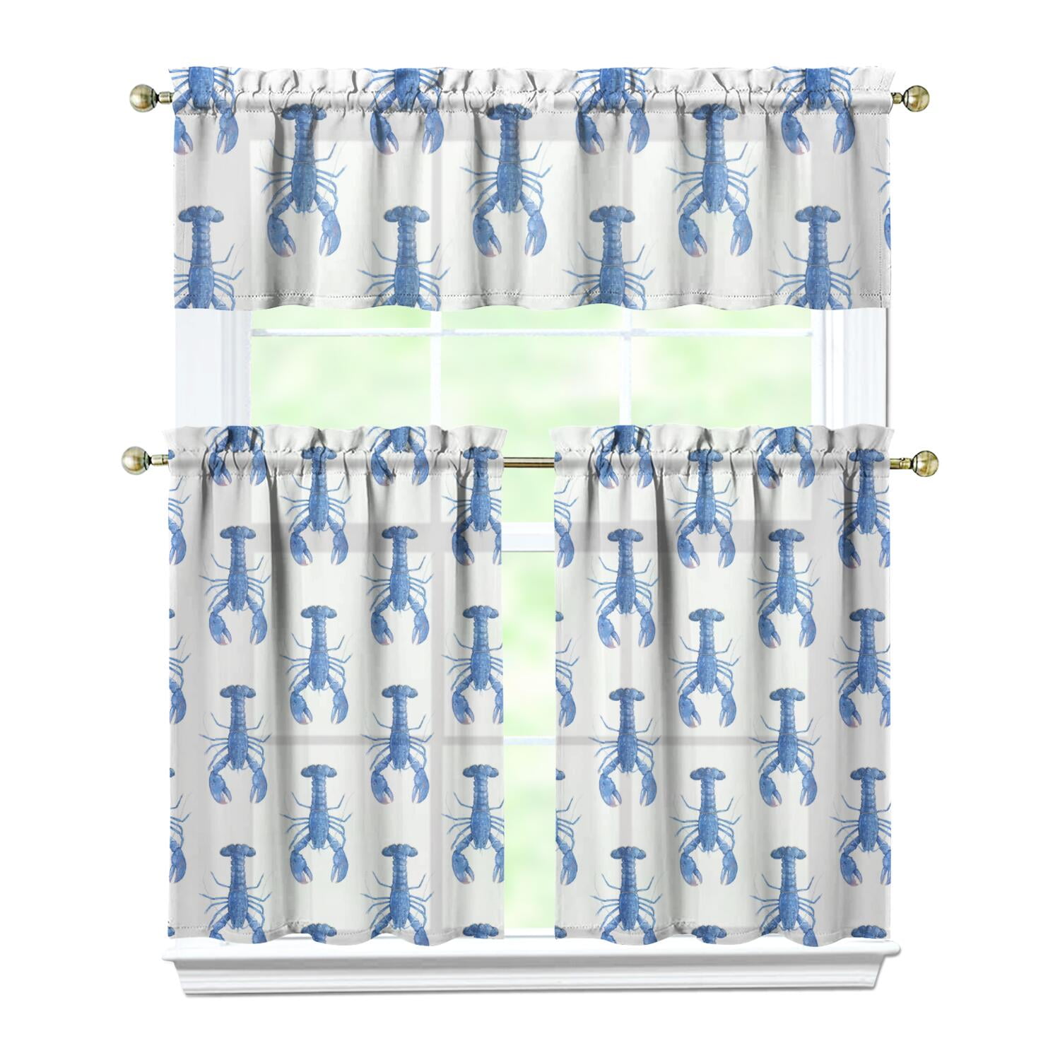 3 PCS Nautical Kitchen Curtains Set with Valance - Lobster & Starfish ...