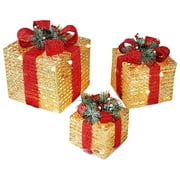 3 PCS Outdoor Indoor Christmas Decorations Christmas Lighted Gift Boxes Decor, Pre-lit 65 LED Lights Up Christmas Tree Skirt Ornament with Bows, for Holiday Party Christmas Home Yard