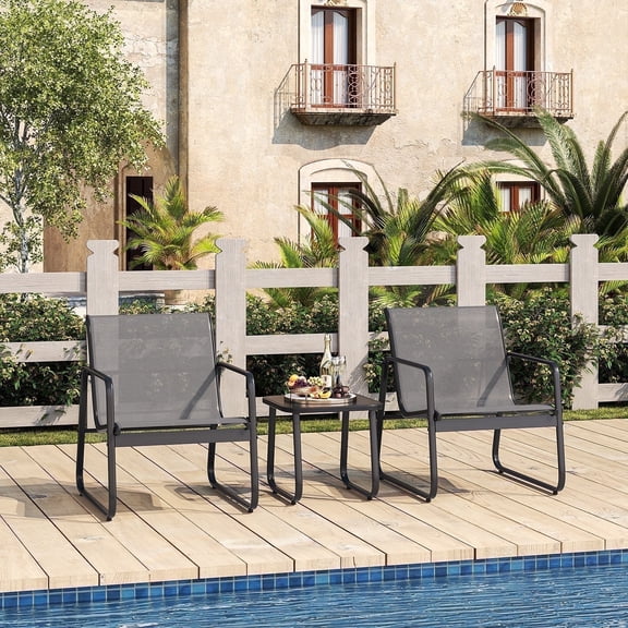 Asofer Patio Chairs Set of 3, Patio Furniture Set with Metal Frame Glass Table,  for Balcony,Lawn, Gray