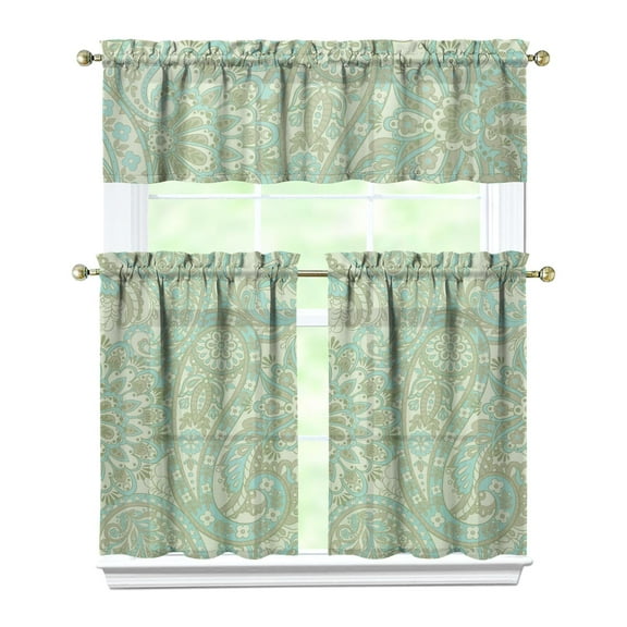 3 PCS Paisley Kitchen Curtains Set with Valance - Vintage Boho Tier Curtains for Small Windows, Semi-Sheer Rod Pocket Window Panels, Farmhouse Chic Decor