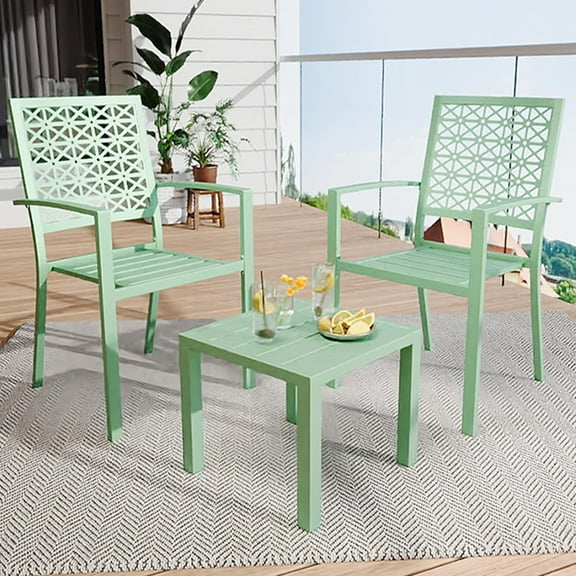 3 PCS Patio Bistro Set, Outdoor Conversation Set with 2 Chair and 1 Coffee Table, Stackable Steel Chairs and Square Side Table, Patio Furniture Set for Balcony Porch Garden Lawn, Green