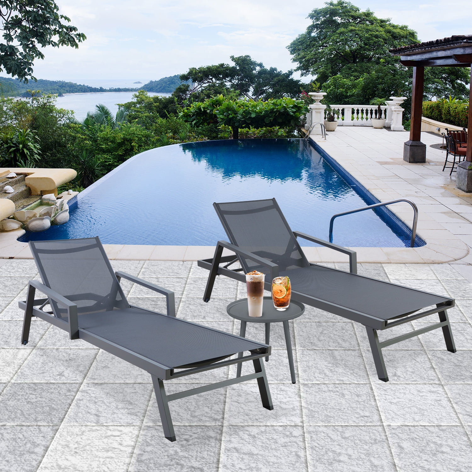 3 PCS Patio Chaise Lounges Set with Side Table Outdoor Adjustable
