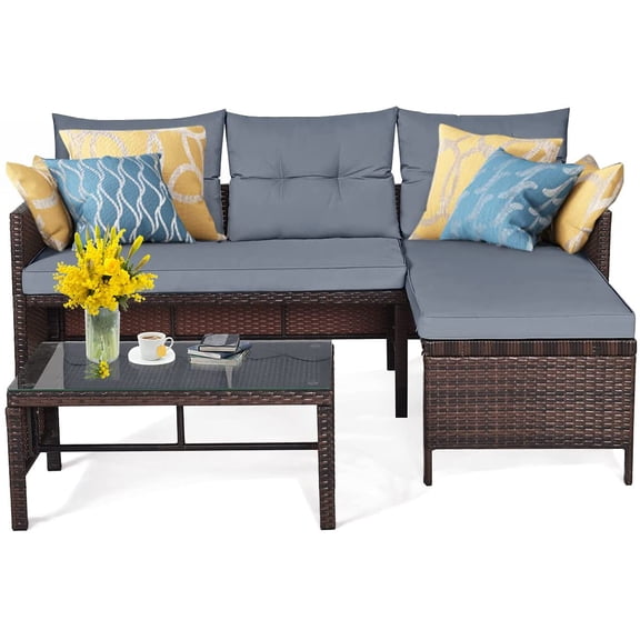 3 PCS Patio Conversation Set Sectional Rattan Wicker Sofa Set with Steel Frame & Seat Cushion, Outdoor Table & Sofa Furniture Set for Garden Lawn Pool Backyard