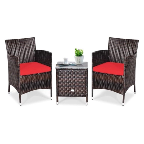 3 PCS Patio Furniture Set, Outdoor Wicker Conversation Set with Tempered Glass Coffee Table, Seat Cushions, Rattan Wicker Chairs for Poolside Balcony Porch Backyard, Red