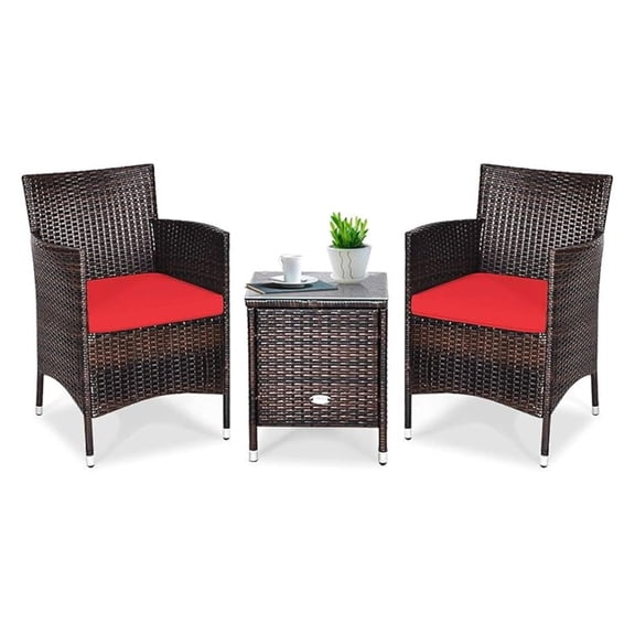3 PCS Patio Furniture Set, Outdoor Wicker Conversation Set with Tempered Glass Coffee Table, Seat Cushions, Rattan Wicker Chairs for Poolside Balcony Porch Backyard, Red