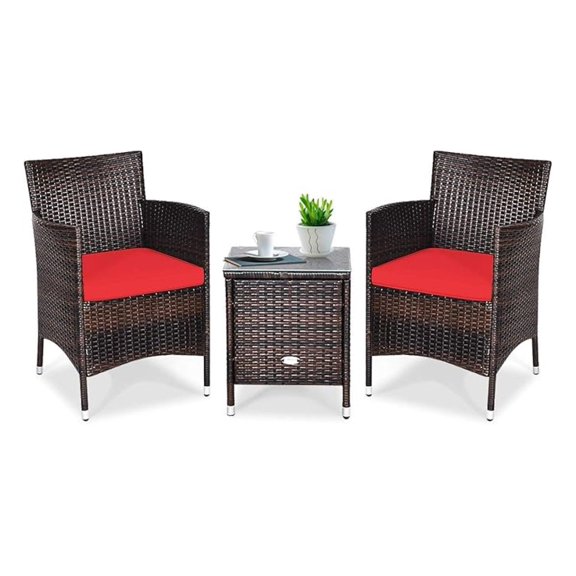 3 PCS Patio Furniture Set, Outdoor Wicker Conversation Set with Tempered Glass Coffee Table, Seat Cushions, Rattan Wicker Chairs for Poolside Balcony Porch Backyard, Red
