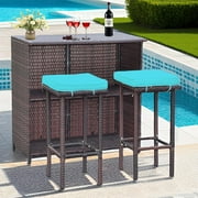 3 PCS Patio Outdoor Bar Sets with Two Stools, Wicker Bar Table and Chairs with Storage Shelves, PE Rattan Furniture for Poolside, Gardens, Balcony, Backyard or Porches (Brown-Blue)