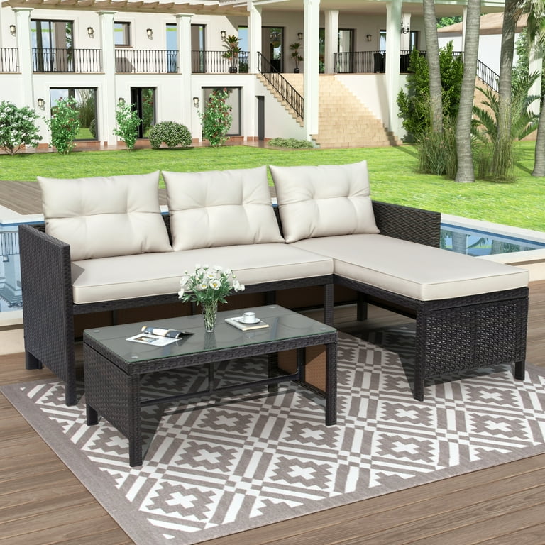 3 PCS Patio Sectional Sofa Conversation Set All Weather Rattan Patio Furniture Set Brown Outdoor Chaise Lounge Set with Cushion and Table Deck