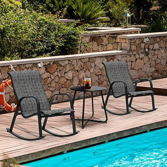 3 PCS Patio Sets, Mesh Rocking Chairs with Table, for Porch Balcony, Poolside, Deck, Black