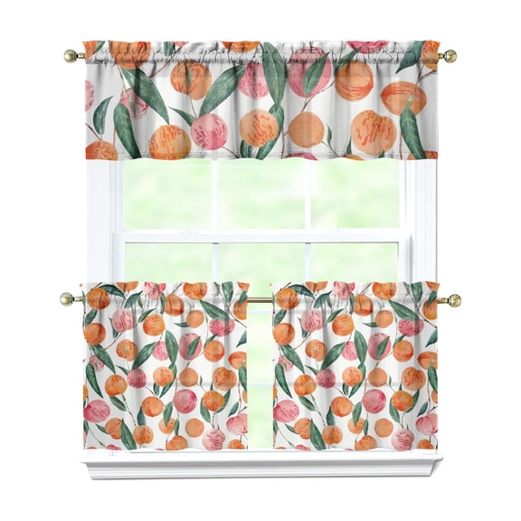3 PCS Peach Print Kitchen Curtains Set - Pink Kawaii Fruit Tier & Valance Window Treatment Panels (54x18 + 27.5x24 Inch) Modern Tropical Summer Aesthetic Curtains