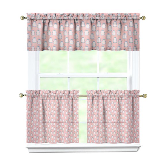 3 PCS Penguin Print Kitchen Curtains Set - Emperor Penguin Snowflake Cartoon Tier & Valance (54x18"/27.5x24") Farmhouse Rod Pocket Window Treatments