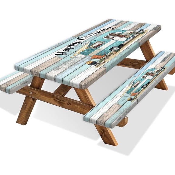 3 PCS Picnic Table Cover with Bench Covers, Camping Essentials, Cute RV Theme Wood Grain Design Windproof Oilproof Fitted Tablecloth Cover with Elastic Edge for Outdoor Garden 30x72 Inch