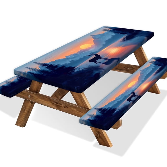 3 PCS Picnic Table Cover with Bench Covers & Storage Bag, Waterproof Fitted Camping Tablecloth with Elastic, 30x72 Inch, Sunset Mountain Lake Deer Forest Print, Indoor Outdoor Patio RV Party Table
