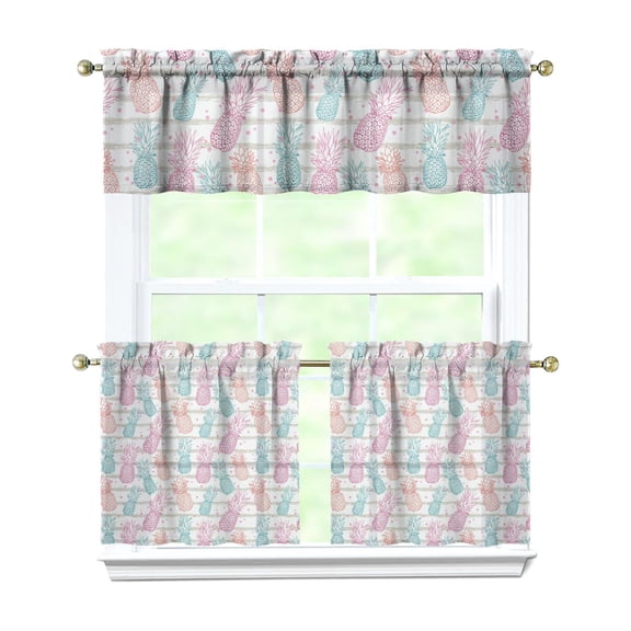 3 PCS Pineapple Print Kitchen Curtains Set - Tropical Hawaiian Tier Curtains & Valance, Yellow Golden Exotic Fruit Pattern, Semi-Sheer Farmhouse Window Treatment Panels