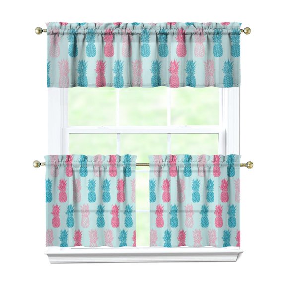 3 PCS Pineapple Print Kitchen Curtains Set - Tropical Hawaiian Tier Curtains & Valance, Yellow Golden Exotic Fruit Pattern, Semi-Sheer Farmhouse Window Treatment Panels