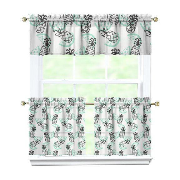 3 PCS Pineapple Print Kitchen Curtains Set - Tropical Hawaiian Tier Curtains & Valance, Yellow Golden Exotic Fruit Pattern, Semi-Sheer Farmhouse Window Treatment Panels