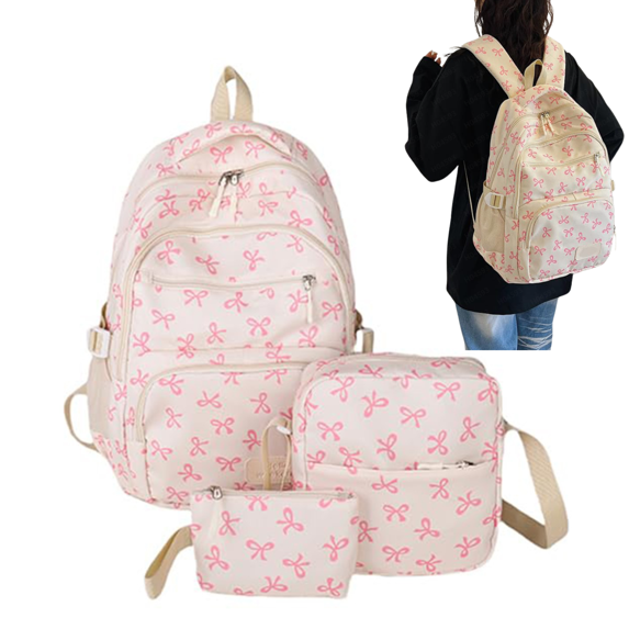 3 PCS Pink Cute Bow Backpack, 17-Inch Bookbag for Middle & Elementary School,Backpack for them Ages 6-16
