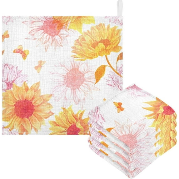 3 PCS Pink Elegant Sunflowers Baby Muslin Washcloths, Vintage Flowers Spring Soft Absorbent Face Towel Burp Cloths Cotton Bath Wipes Infant Wash Cloth for Newborn Boys Girls