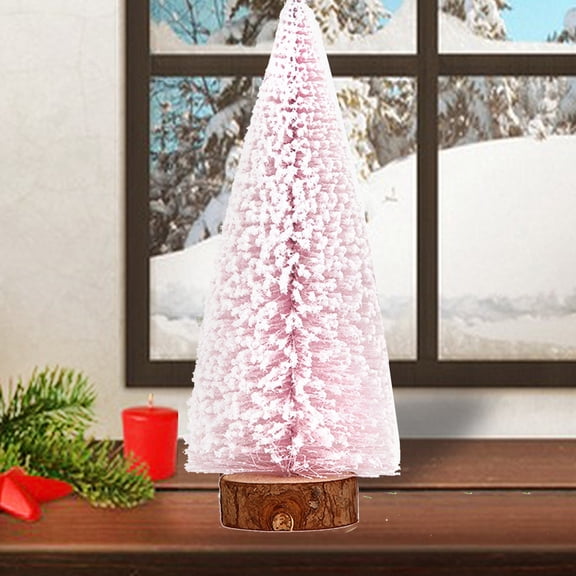3 PCS Pink Mini Christmas Trees with Wooden Base Mini Artificial Christmas Tree for Tabletop, Bottle Brush Christmas Trees Flocked Christmas Pine Tree Winter Crafts Ornaments for New Year Party Home