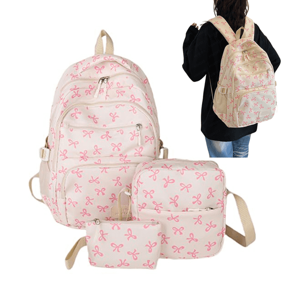 3 PCS Pink Stylish Bow Printed Lightweight Backpack for Women Water Resistant Multi Pocket Daypack Matching Crossbody Bag Coin Purse Combo Set