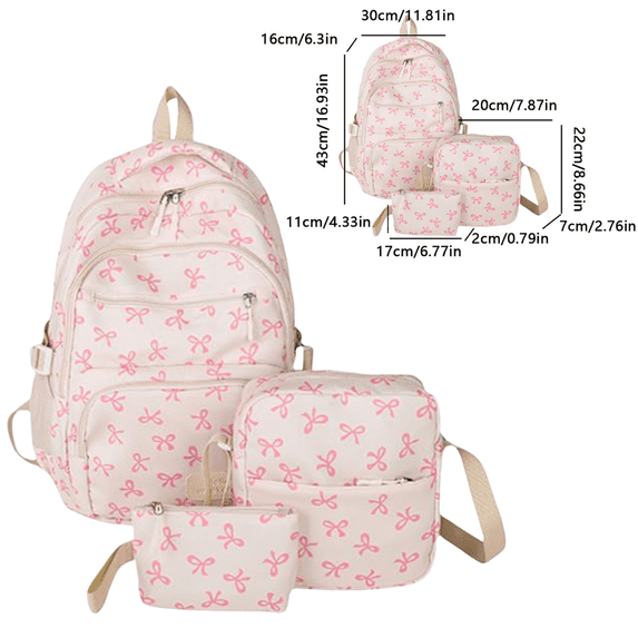3 PCS Pink Stylish Bow Printed Lightweight Backpack for Women Water Resistant Multi Pocket Daypack Matching Crossbody Bag Coin Purse Combo Set