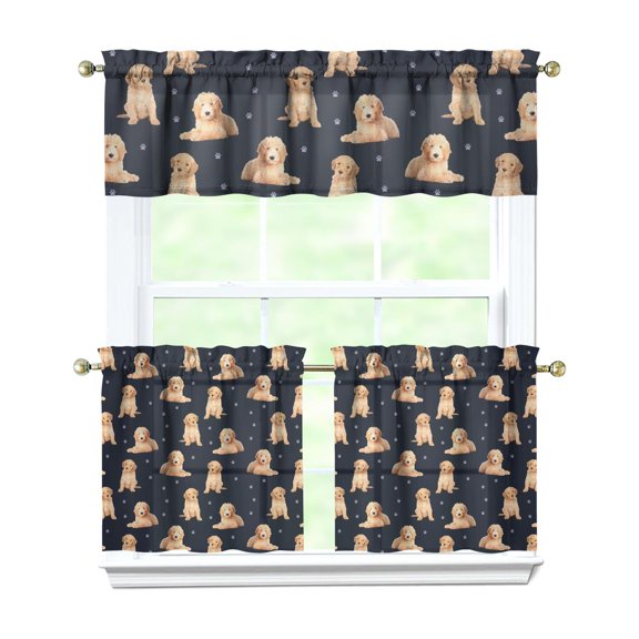 3 PCS Playful Puppy Kitchen Curtains - Whimsical Dog & Minimalist Print, Short Rod Pocket Curtains for Small Windows, Easy Care
