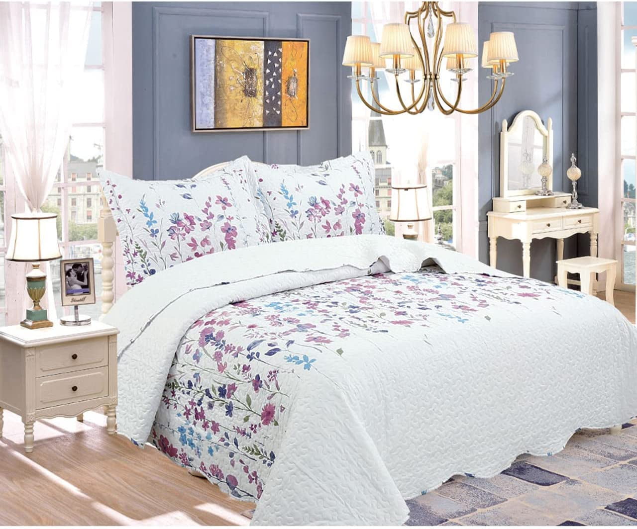 Legacy Decor 3 Pcs Quilt Bedspread Coverlet White Floral Design Ultra Soft Microfiber Oversize Queen Size, All Ages.