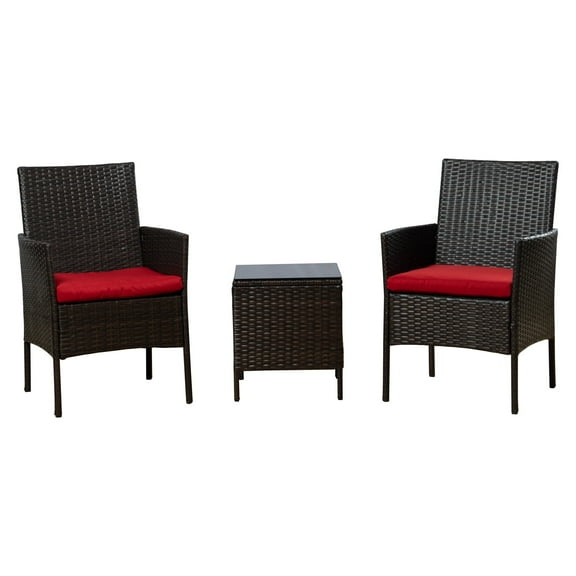 3 PCS Rattan Dining Table Set with Cushioned Chairs and Glass Coffee Table, Patio Conversation Set for Backyard Porch Garden and Poolside (Burgundy)