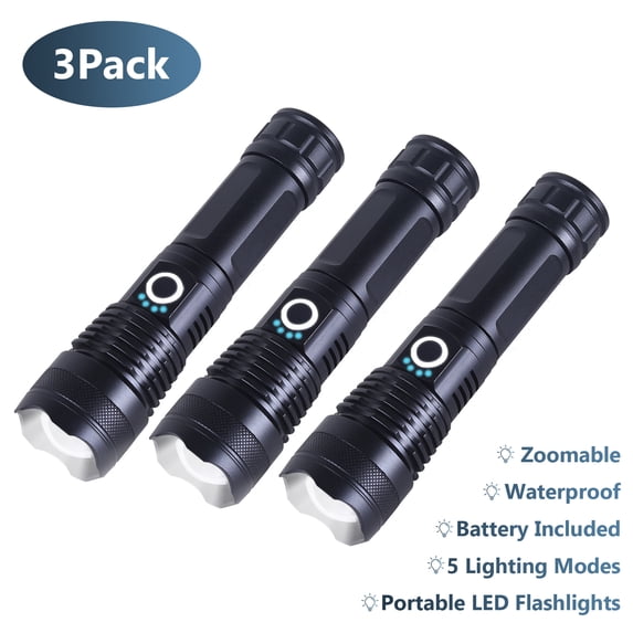 3 PCS Rechargeable Flashlights High Lumens,100000LM Super Bright LED Flashlight W/5 Lighting Modes, LED Waterproof Handheld Flashlight for Home Camping Emergency, Battery Included